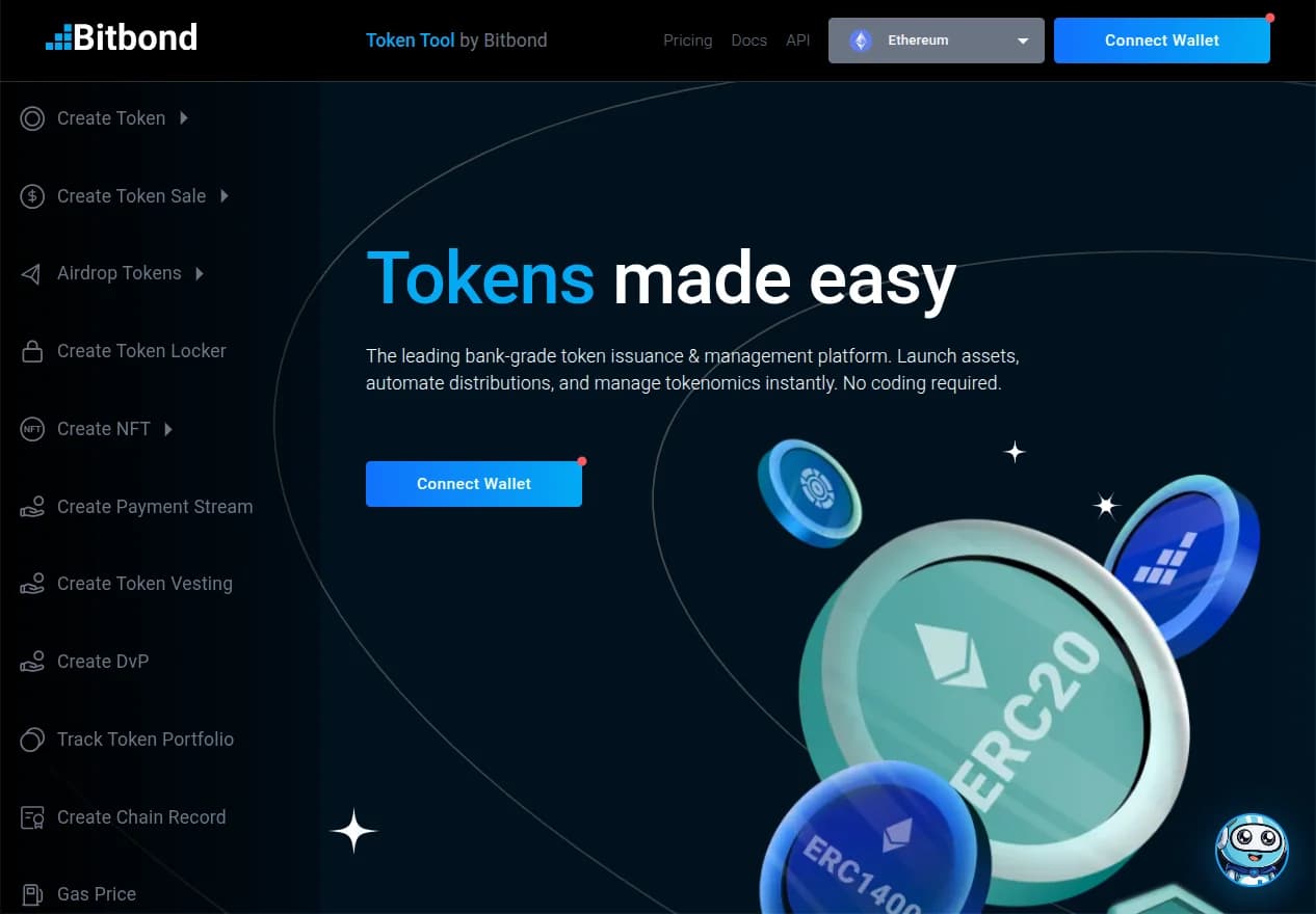 Token Tool interface showing token creation options and supported chains