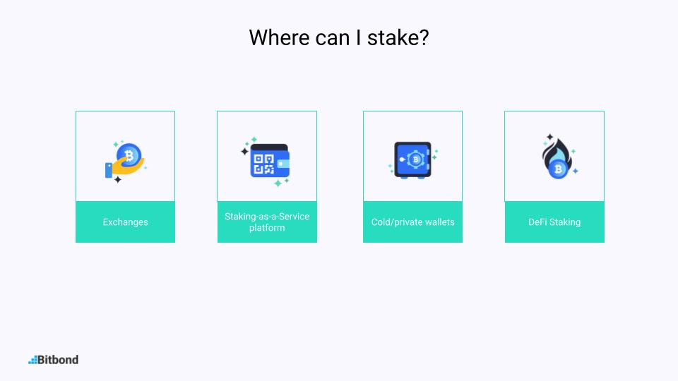 Users can stake their funds in exchanges, staking as a service platforms, cold/private wallets, DeFi staking