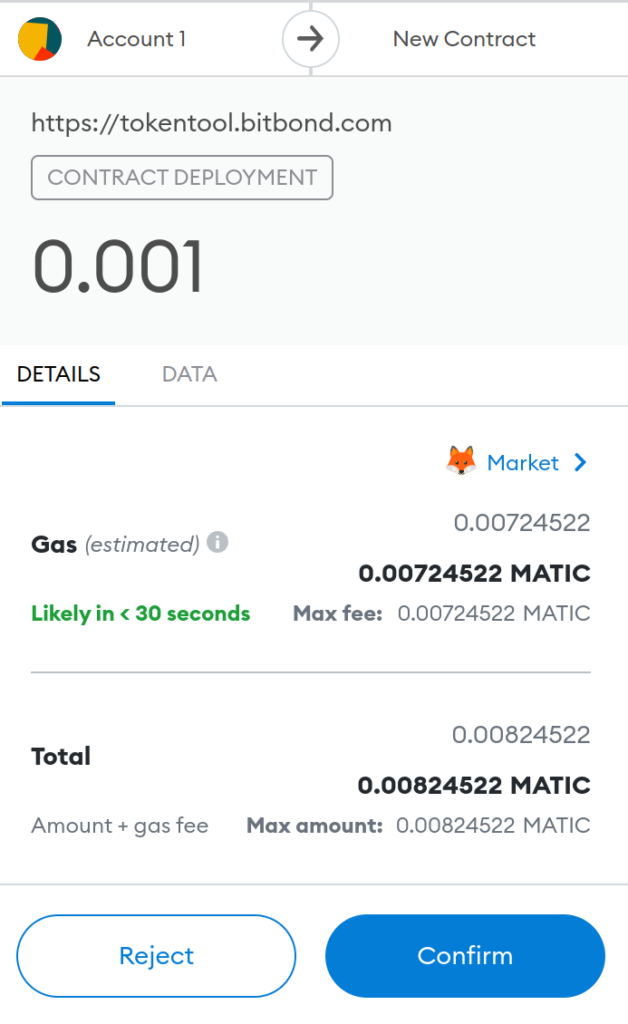 Wallet view for confirming the transaction when creating token with Token Tool smart contract generator