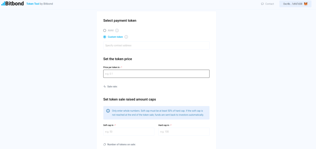 View of the Create Token Presale Parameters for selecting payment token, setting up token price and token sale raised amount caps