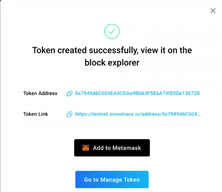Pop window confirming successful creation of tokens on Token Tool. A link to token address and token link are displayed, alongside an "Add to Metamask" button to import tokens in the wallet.