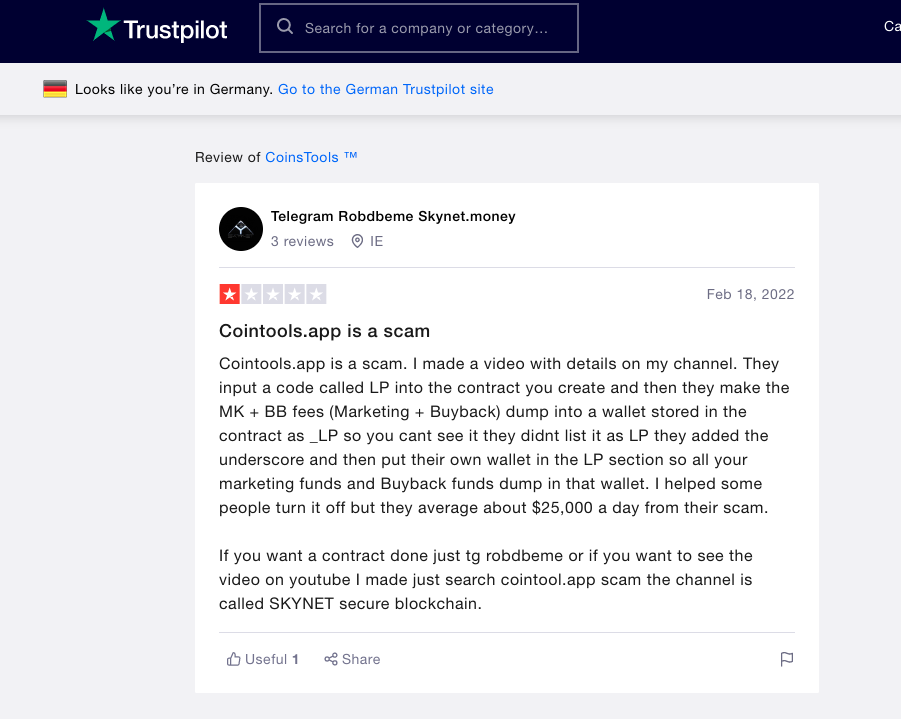 Review of Cointool.app on Trustpilot