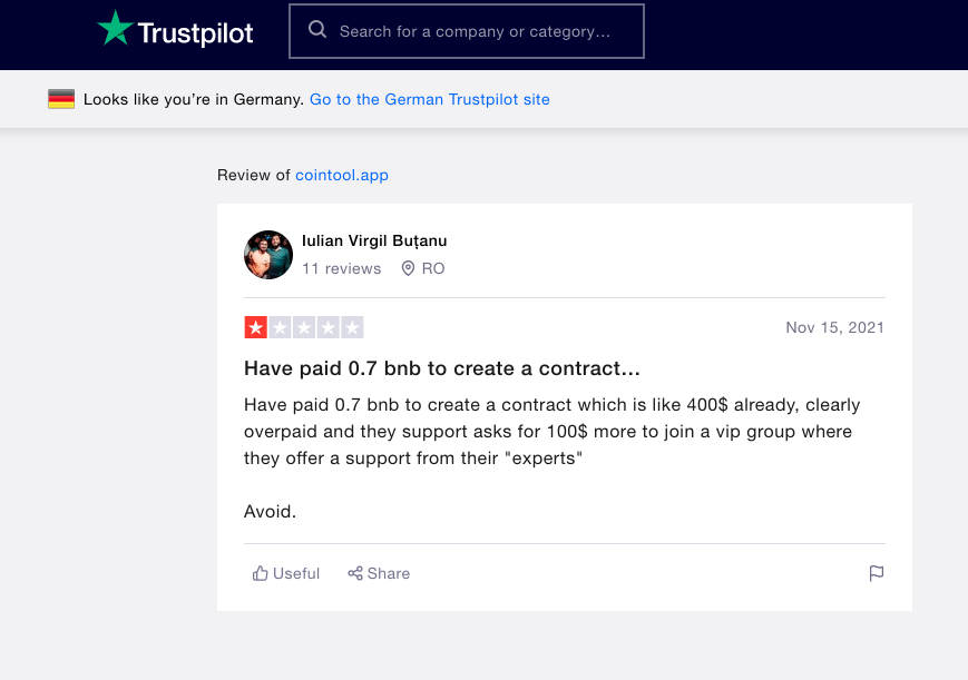 Review of Cointool.app on Trustpilot