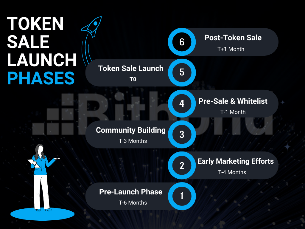 Token sale marketing timeline visual, outlining key phases and activities from pre-launch to post-token sale, including community building, pre-sale, launch, and long-term marketing strategies for a successful token launch