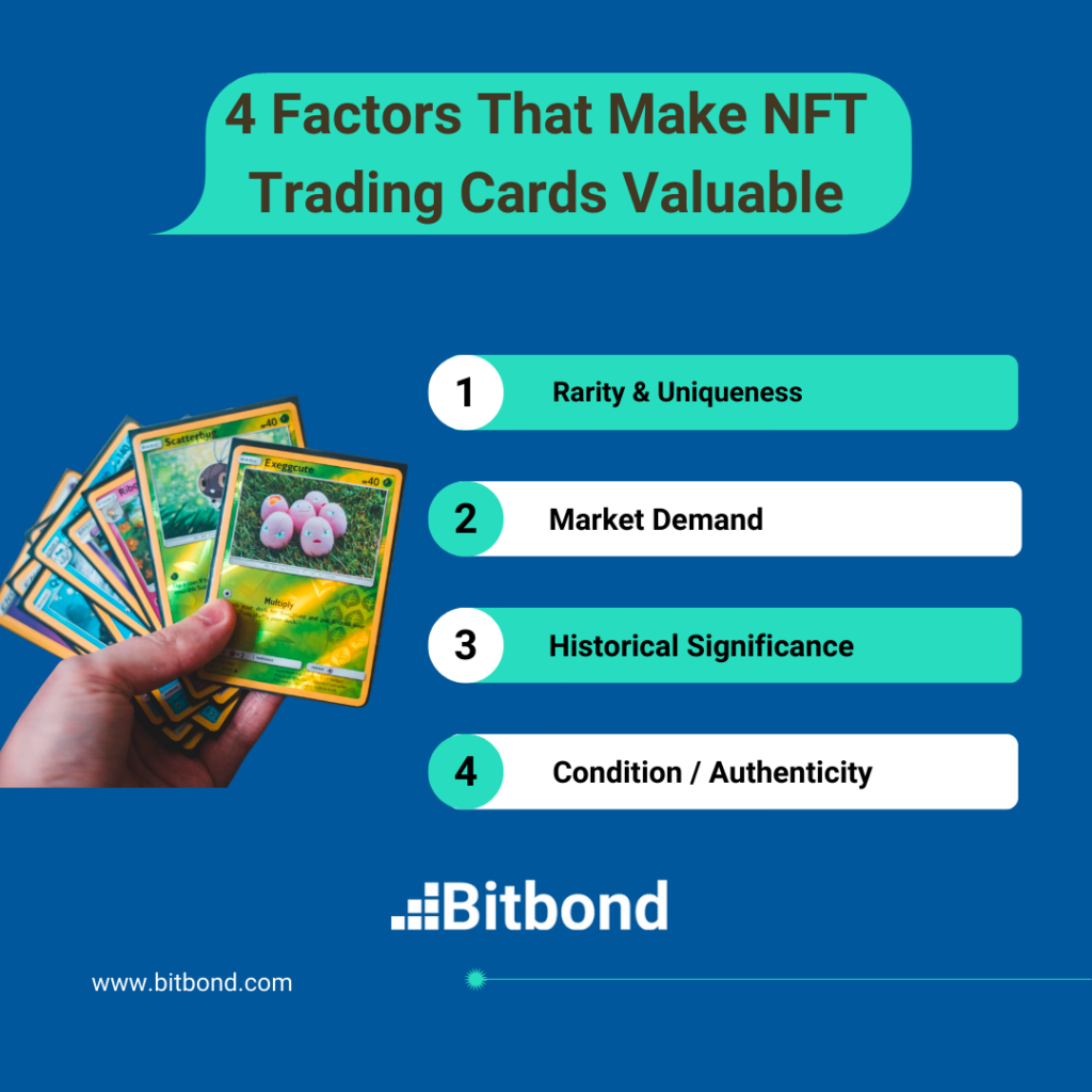 Infographic illustrating the key factors that contribute to the value of NFT trading cards, including rarity, artist reputation, historical significance, and blockchain verification.