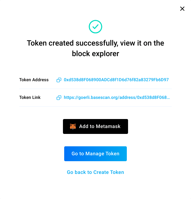 Coinbase base token created successfully pop up modal