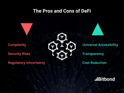 Infographic about Decentralized Finance Companies illustrating the pros of (DeFi) such as decentralization, accessibility, and transparency, and disadvantages like the potential for scams, technical barriers, and regulatory uncertainties.