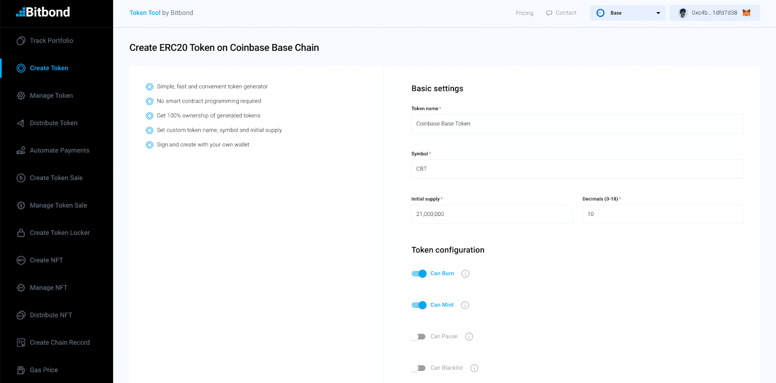 Configure your Coinbase Base token parameters