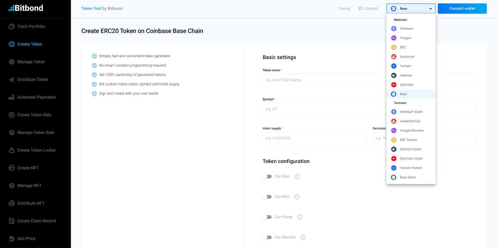 Easily create a coinbase base token with Token Tool