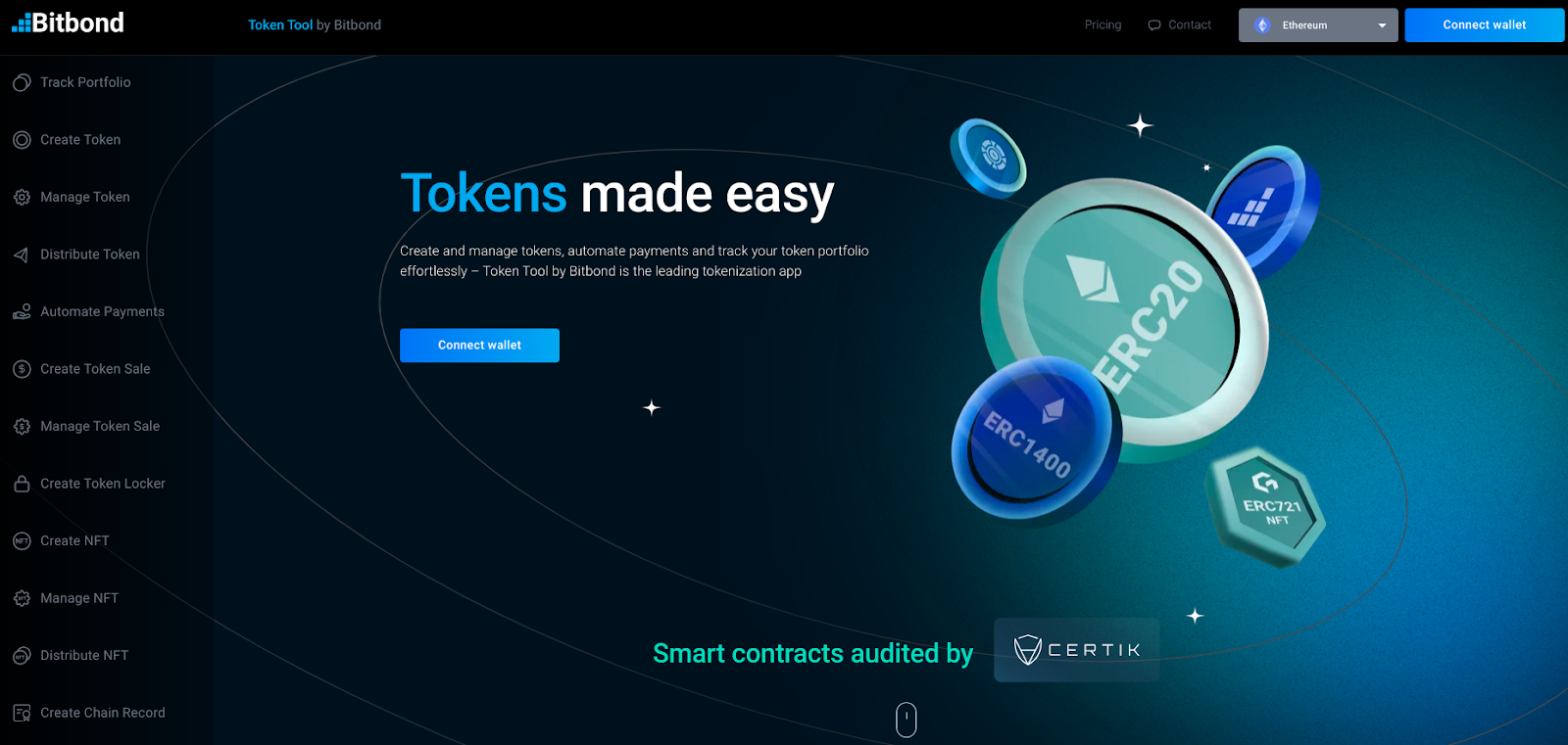 Screenshot of Bitbond Token Tool's homepage, a web3 app for easy tokenization