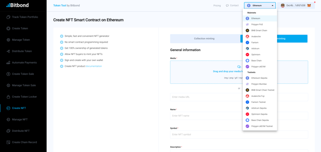 Screen shot of a no code NFT Smart Contract Generator showing the interface for how to create an NFT.