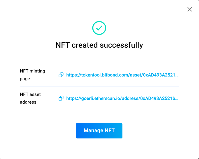 Pop window NFTs created successfully on how to create an NFT with Token Tool