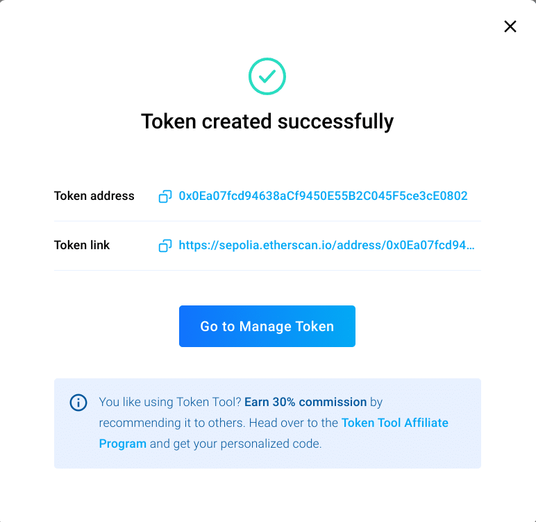 Pop window confirming successful creation of tokens on Token Tool. A link to token address and token link are displayed.