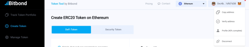 Screenshot of user successfully connected to Token Tool using their wallet.