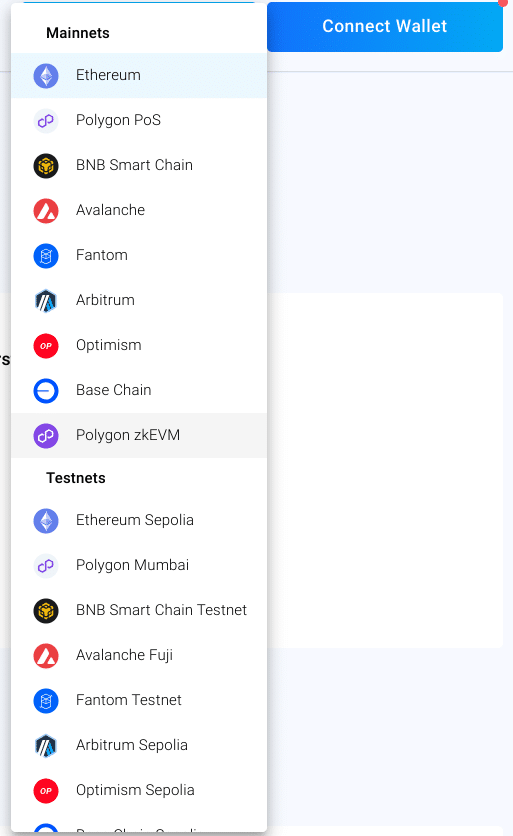 View of the blockchain network selection drop down on Token Tool.