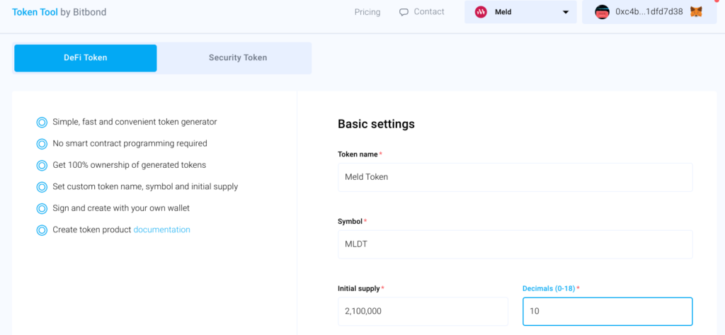 Screenshot of the Token Tool configuration page for creating a Meld Token