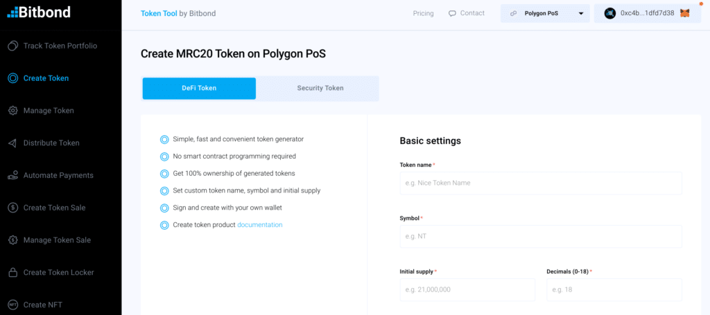 View of token configuration page for creating a polygon token on Token Tool