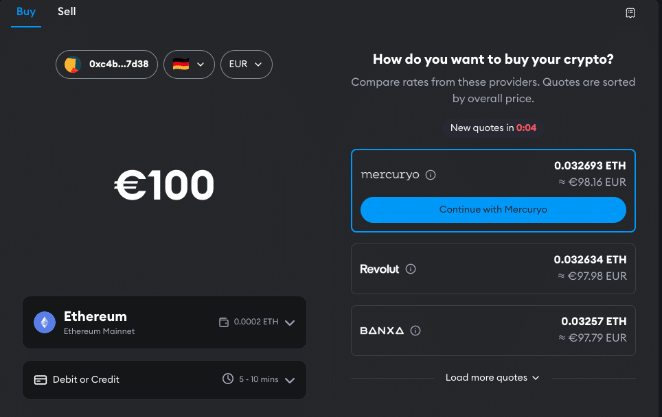Screenshot of MetaMask Dashboard showing how to buy crypto